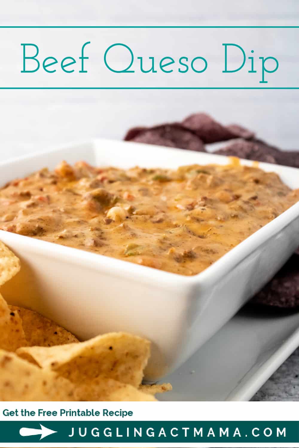 Beef Queso Dip combines a beef mixture with melted cheese and spices. For perfect party food, you need this delicious cheesy appetizer. via @jugglingactmama
