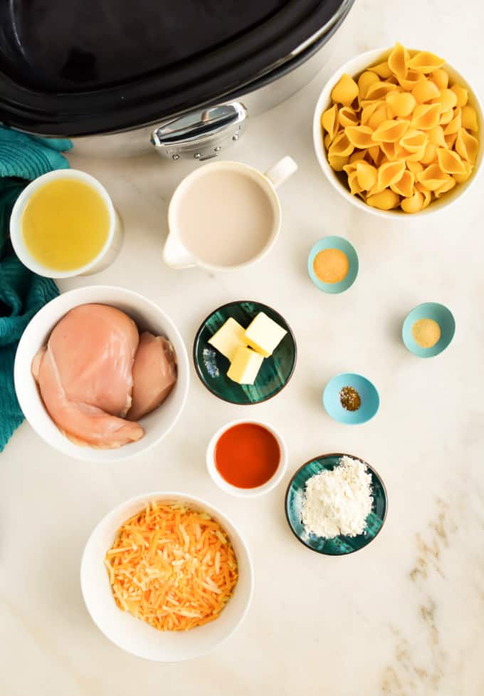 Top down view of Buffalo Chicken Mac and Cheese Ingredients.