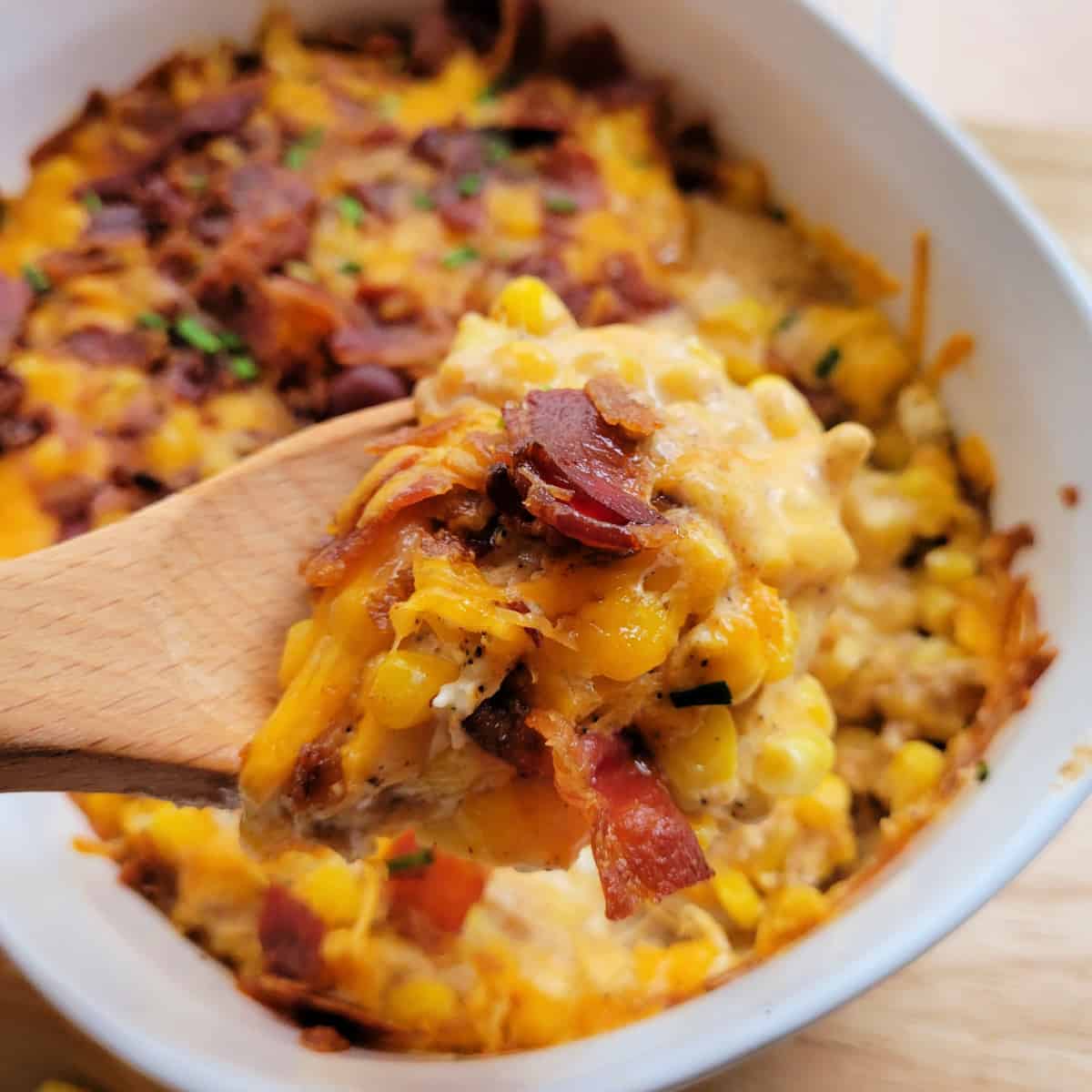 Close up of Cowboy Corn Casserole on a serving spoon.
