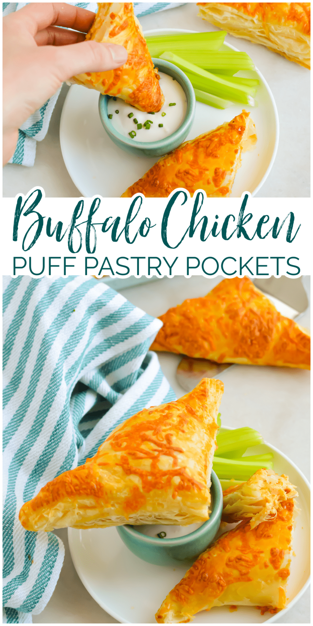Buffalo Chicken Puff Pastry Pockets are creamy and cheesy on the inside and flaky on the outside. They're the perfect party snack! #ad #amazingmadeeasy #jusrol #puff via @jugglingactmama