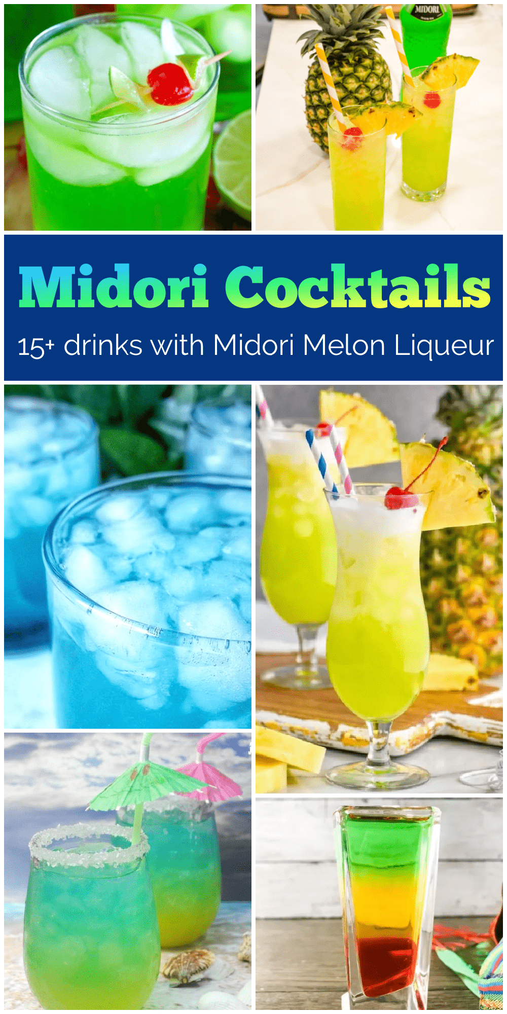 Midori Cocktails - Long collage image of Midori Drinks.