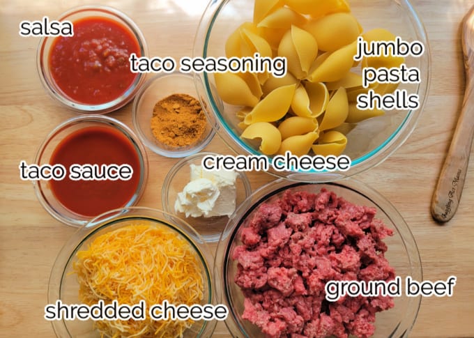 Taco Stuffed Shells Ingredients with text overlay
