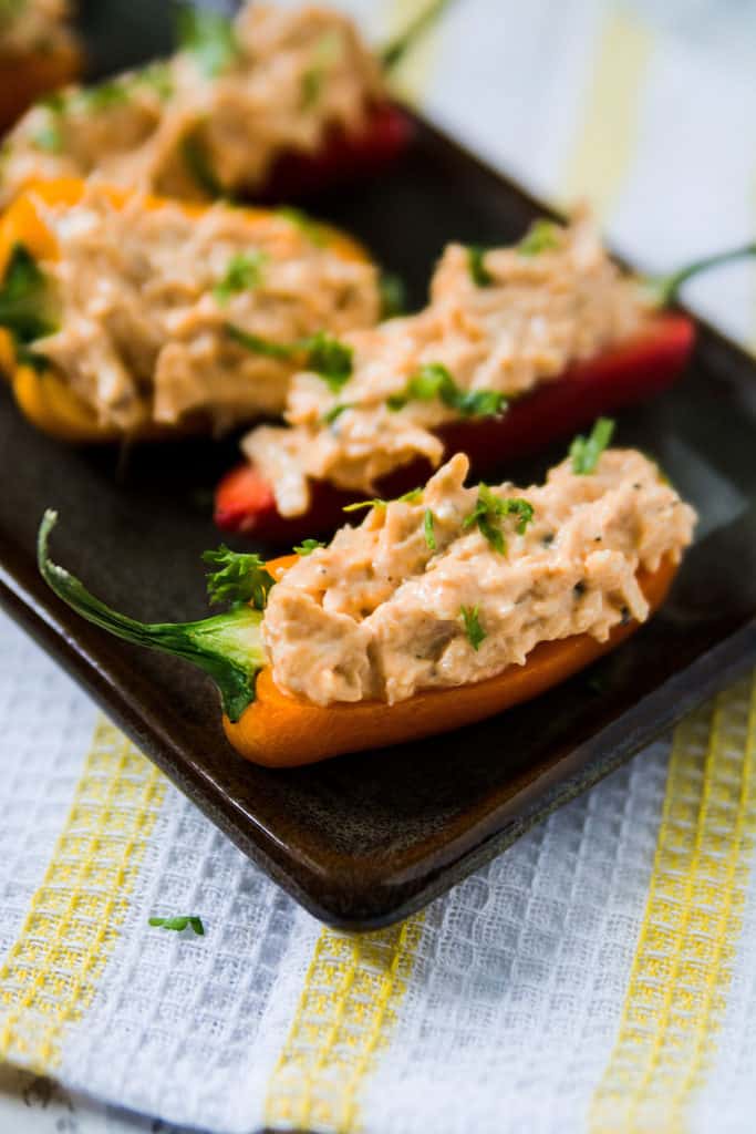 Close up of Buffalo Chicken Stuffed Peppers from The Salty Pot.