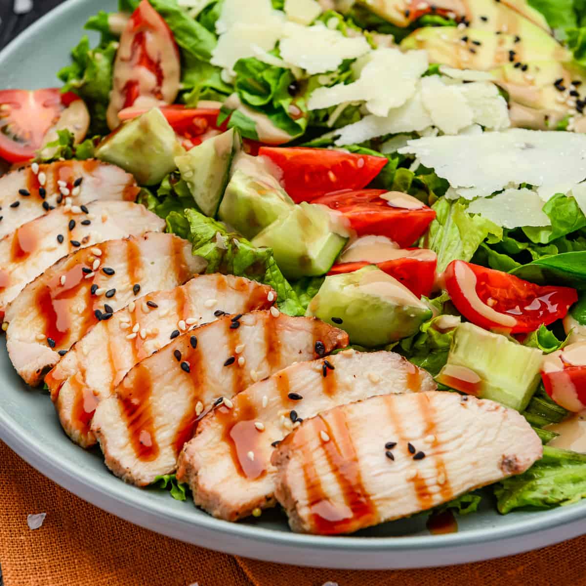 Close up of salad with chicken, avocado, cucumbers, tomatoes and parmesan cheese.