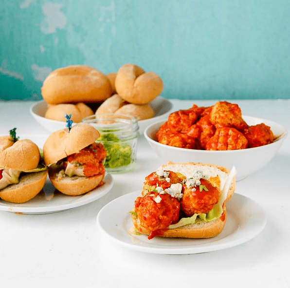 Buffalo Chicken Meatballs on sliders from Boulder Locavore.