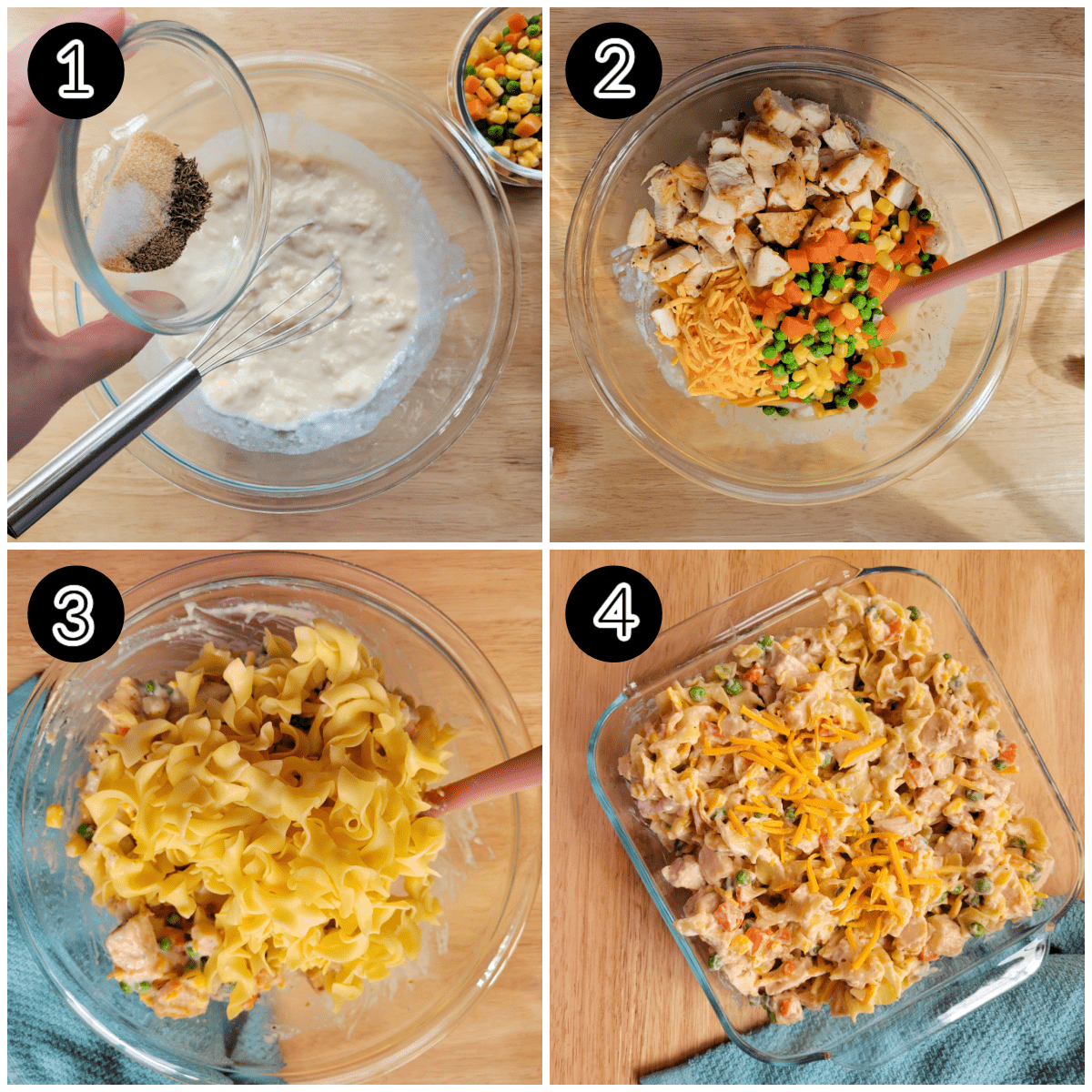 Collage image of how to make Easy Chicken Noodle Casserole with text overlay.