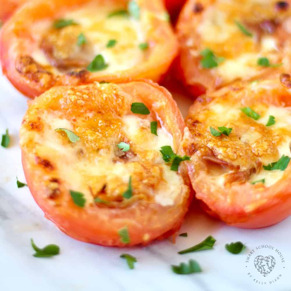 Close up of Baked Tomatoes with Prosciutto.
