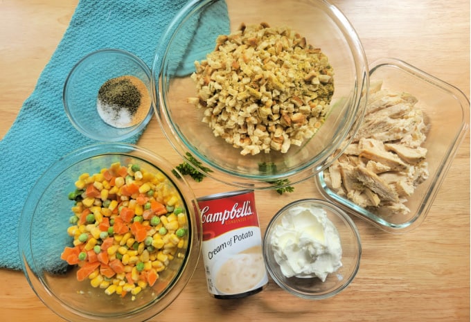 Bowls of ingredients to make Chicken Stuffing Bake recipe.