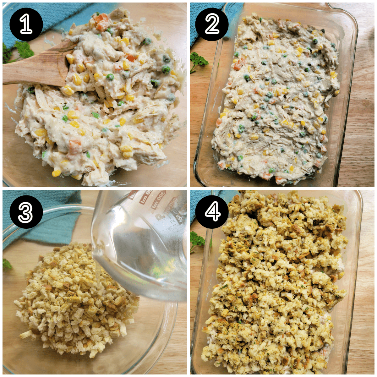 How to Make Chicken Stuffing Casserole Step by Step collage image.