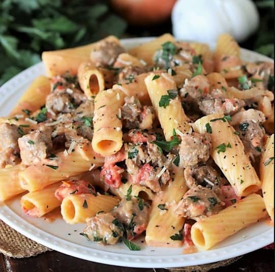 Close up of Pasta in Creamy Sausage Sauce on a plate.