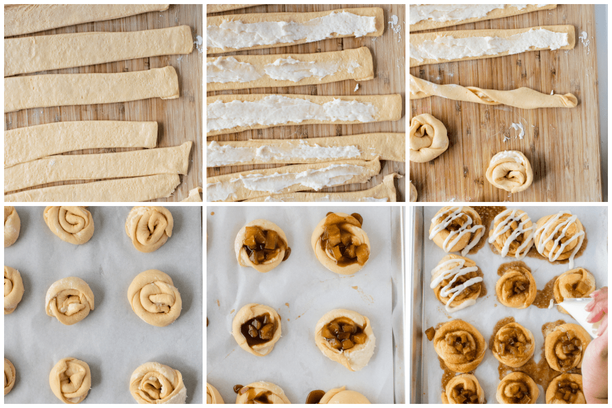 Collage image showing how to make mini apple danishes.