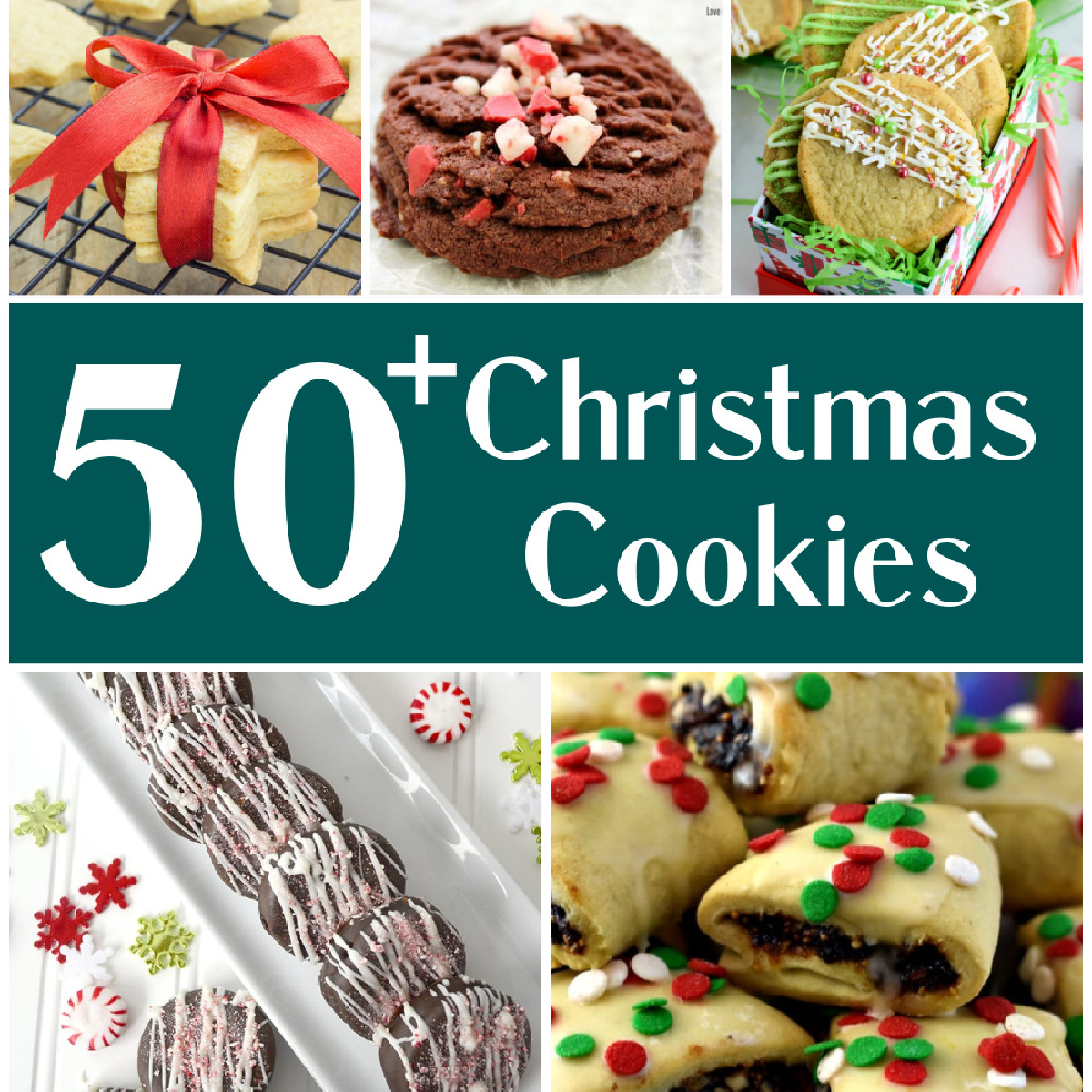 Square collage image with Christmas Cookies and text overlay reading 50+ Christmas Cookies.