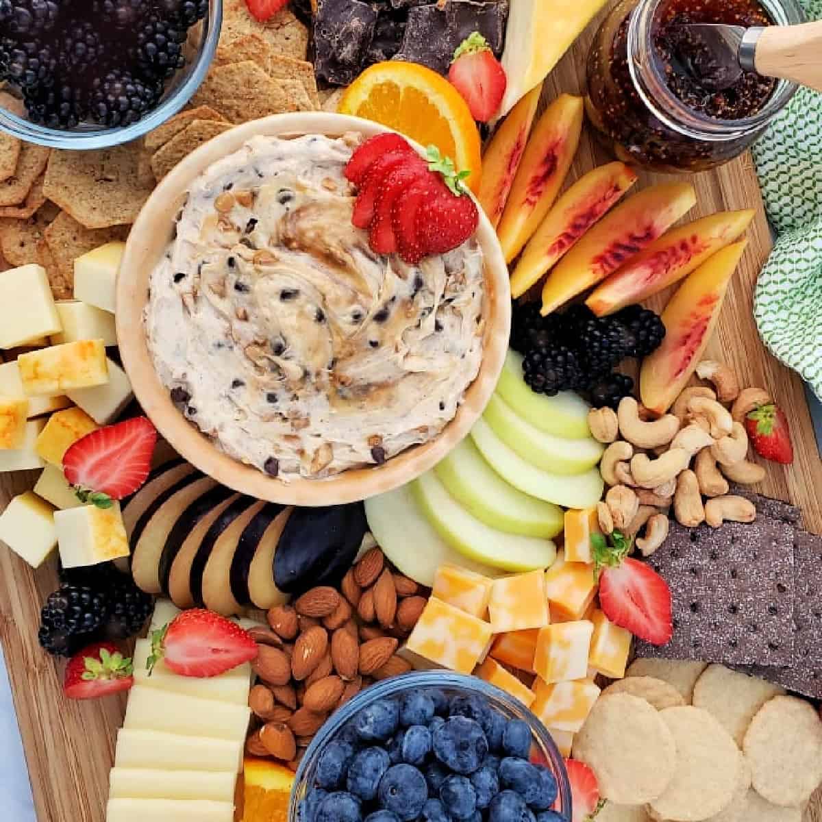 Top down view of fruit and cheese board.