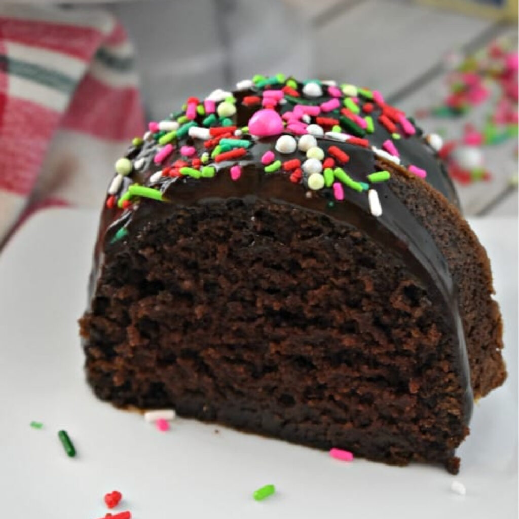 Close up of Chocolate Bundt Cake with sprinkles.
