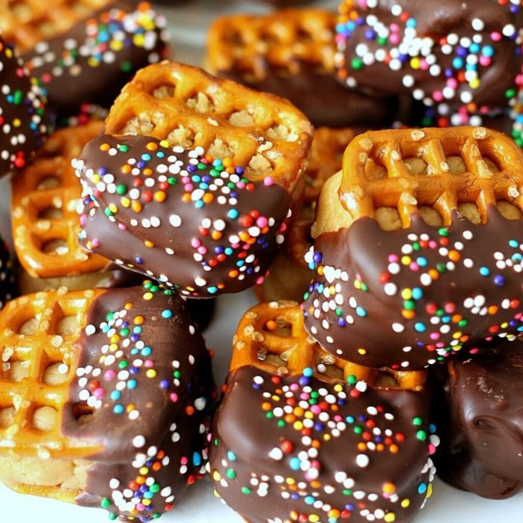 Close up of Peanut Butter Pretzel Bites with spinkles.