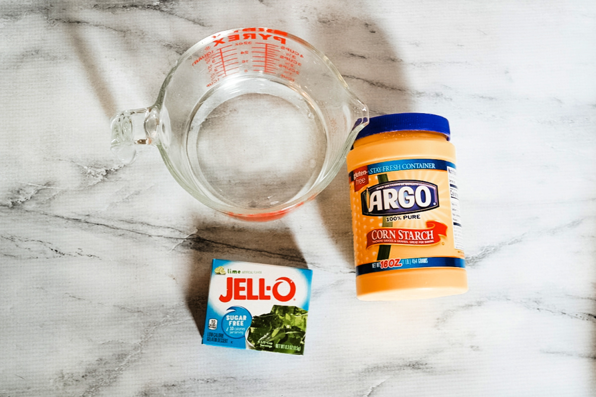Jello Slime Materials including water, cornstarch, and Jello mix.