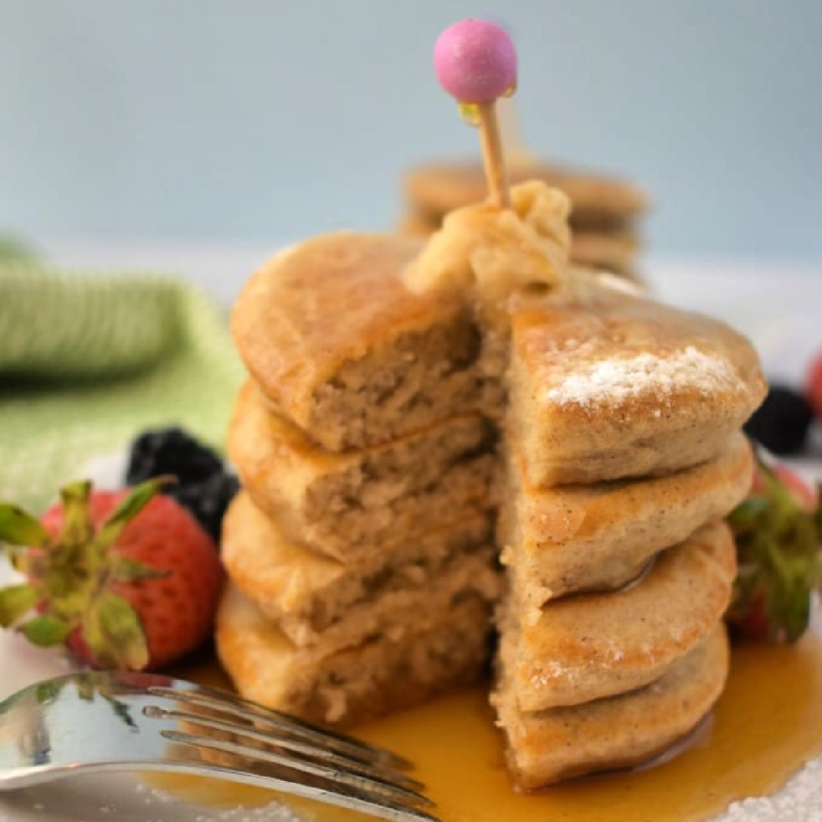 Small stack of Silver Dollar Pancakes on a plate.