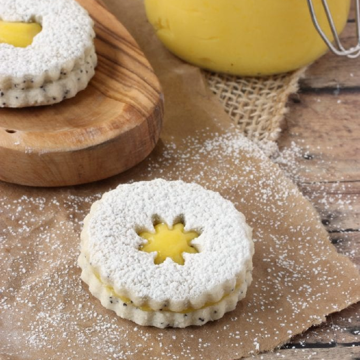 Close up of Poppy Seed Lemon Linzer cookie.