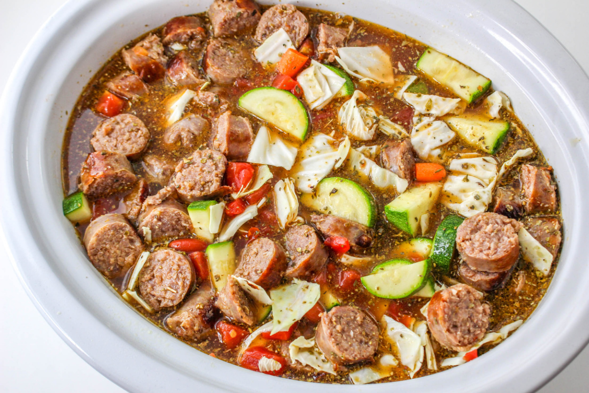 Slow Cooker Sausage Stew in a crockpot.