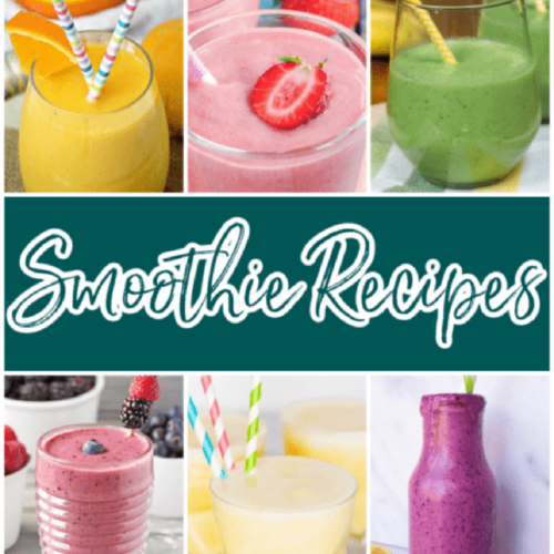 Square collage image of smoothies with text overlay.
