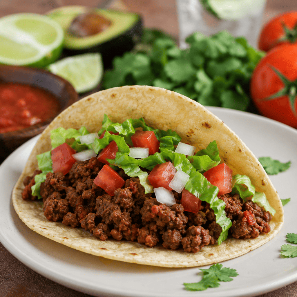 A taco filled with flavorful Ground Beef Taco Meat, chopped lettuce, diced tomatoes, and onions sits on a white plate. In the background are fresh cilantro, tomatoes, lime wedges, avocado, and a bowl of salsa.