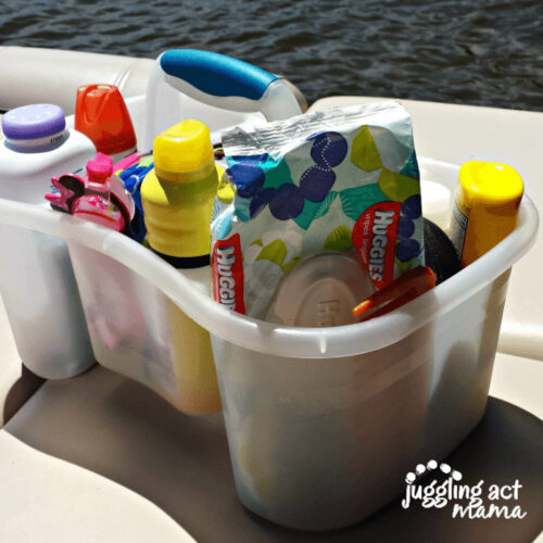 Summer Beach Tote Hack: bucket with a handle full of summer essentials like sunscreen and bug spray.