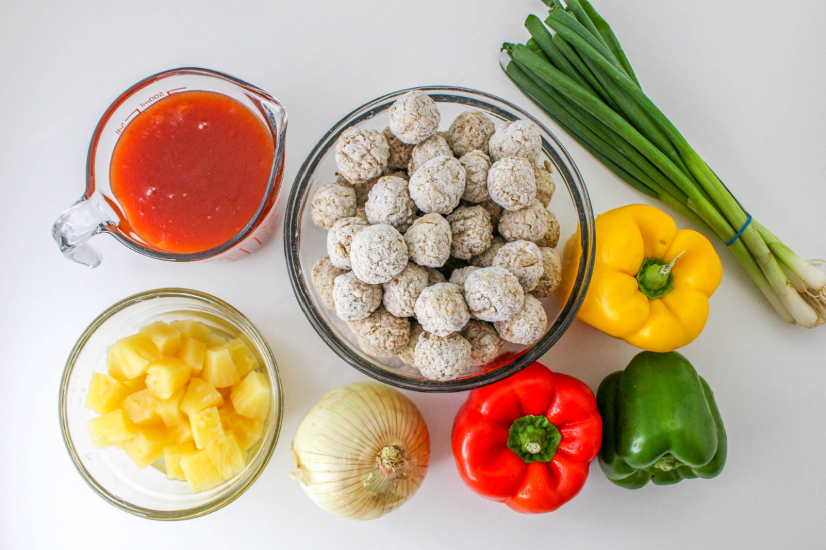 Sweet and Sour Meatballs Ingredients on a countertop.