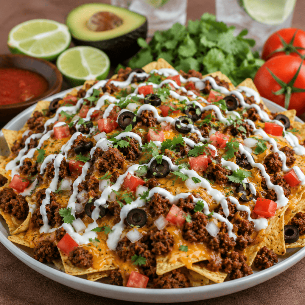 A plate of loaded nachos topped with flavorful Ground Beef Taco Meat, melted cheese, diced tomatoes, onions, black olives, fresh cilantro, and a drizzle of sour cream. Avocado, lime, salsa, tomatoes, and cilantro are in the background.