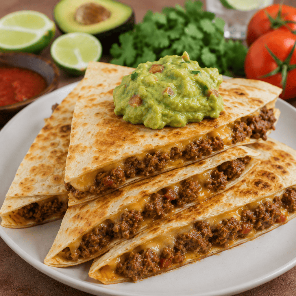 A plate of beef and cheese quesadillas topped with guacamole, surrounded by fresh tomatoes, avocado halves, cilantro, lime wedges, and a bowl of salsa in the background features savory Ground Beef Taco Meat.