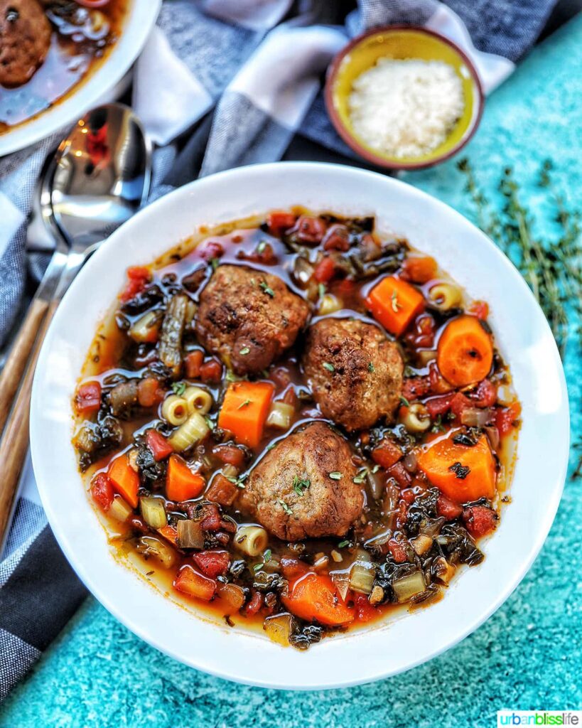 Slow Cooker Meatball Soup Recipe from Urban Bliss Life in a bowl.