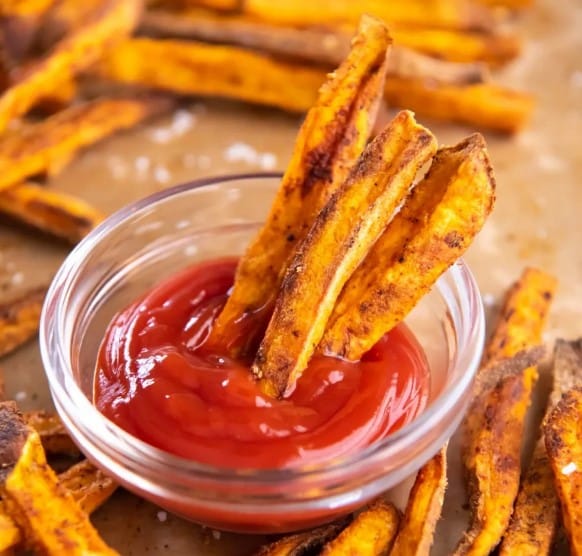 Crispy Sweet Potato Fries from Kristine's Kitchen with ketchup.