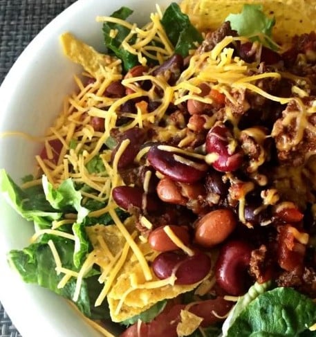 Top down view of Chili Taco Salad.