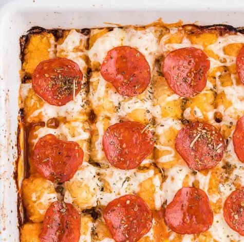 Top down view of Pizza Tater Tot Casserole.