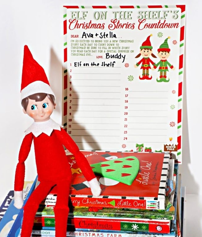 Elf on the Shelf sitting on a pile of Christmas books.