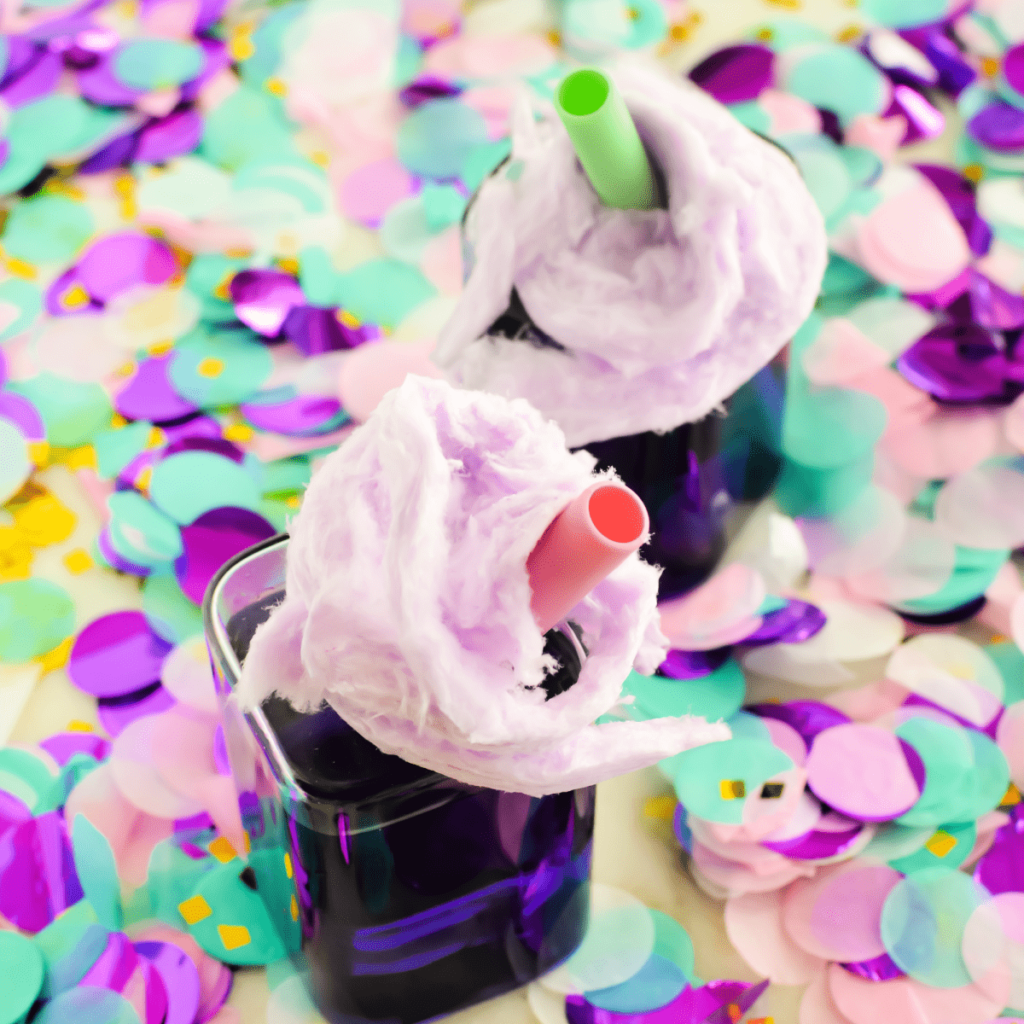 Two glasses filled with a dark purple drink, each topped with fluffy lavender cotton candy and a pastel straw, sit on a colorful background of teal, purple, and pink confetti.