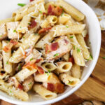 Chicken Bacon Pasta with parmesan in a bowl.
