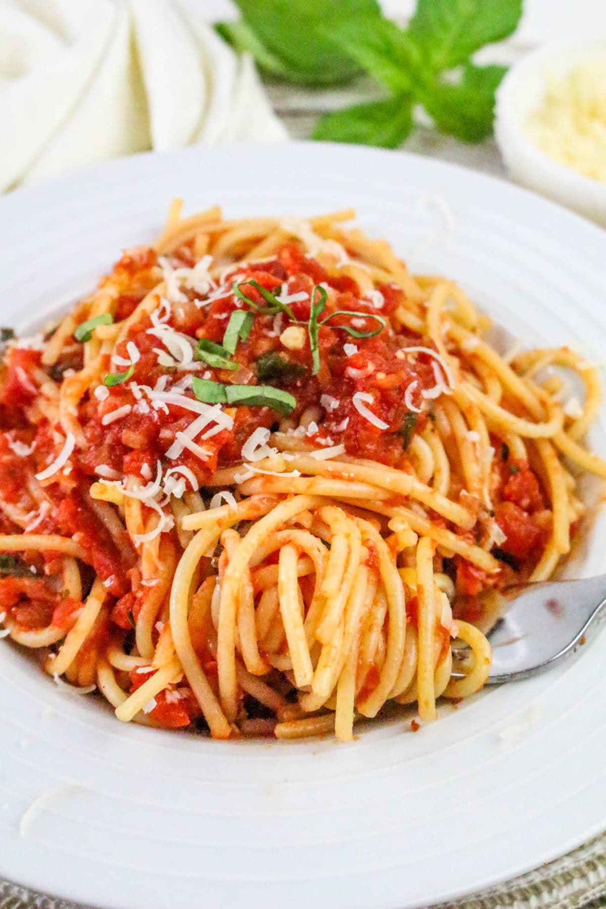 A plate of spaghetti topped with chunky tomato sauce, grated cheese, and fresh basil, with a fork twirled in the pasta. A white napkin and a small bowl are in the background.