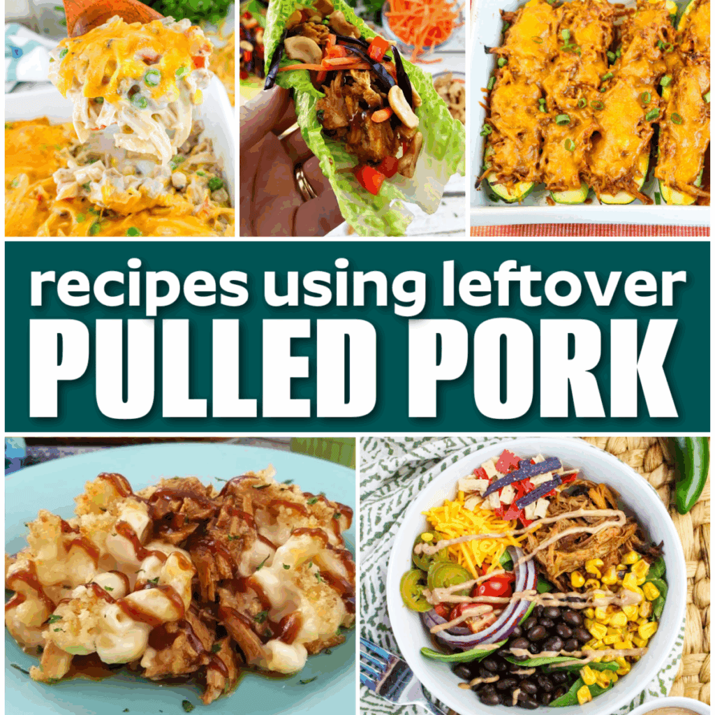 A collage of dishes made with pulled pork, including nachos, lettuce wraps, enchiladas, mac and cheese, and a salad, with the text recipes using leftover PULLED PORK in the center.