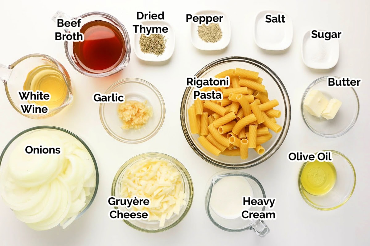 Labeled ingredients for a Beef Short Rib Ragu pasta dish arranged on a white surface, including rigatoni, sliced onions, gruyère cheese, heavy cream, white wine, beef broth, butter, olive oil, garlic, dried thyme, pepper, salt, and sugar.