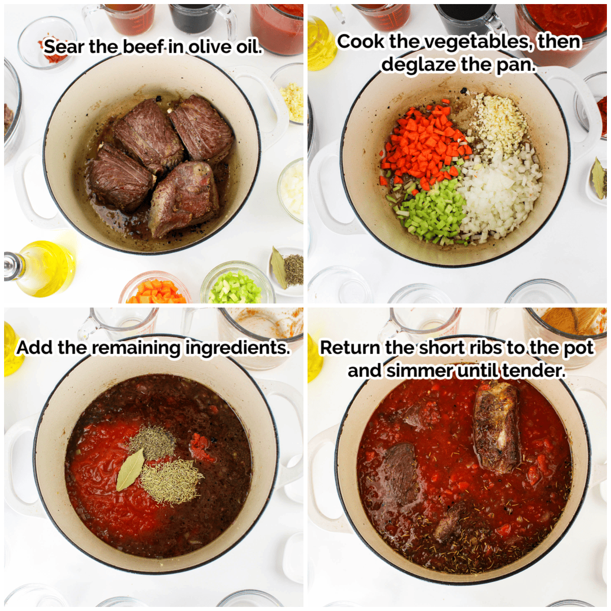 A four-step cooking process for Beef Short Rib Ragu: searing beef in olive oil, cooking diced vegetables and deglazing, adding liquids and herbs, then simmering short ribs in a tomato-based sauce until tender in a white Dutch oven.