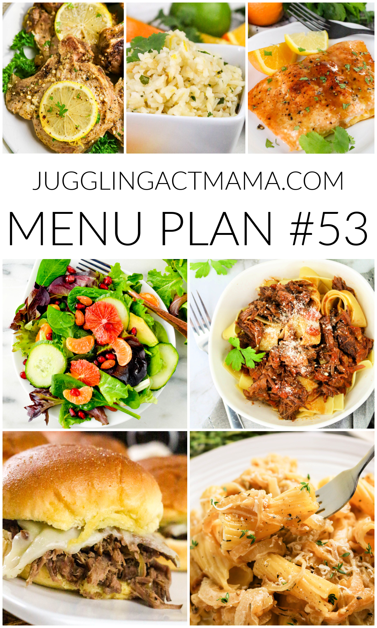 A collage of seven dishes—lemon chicken, rice, salmon, salad, shredded beef with pasta, a beef sandwich, and macaroni—surrounds “Meal Plan 53” at the center from JUGGLINGACTMAMA.COM.