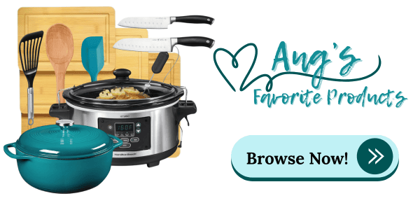 A collection of kitchen items, including spatulas, knives, a cutting board, a slow cooker with food inside, and a teal Dutch oven. Text reads Angs Favorite Products and a button says Browse Now!.