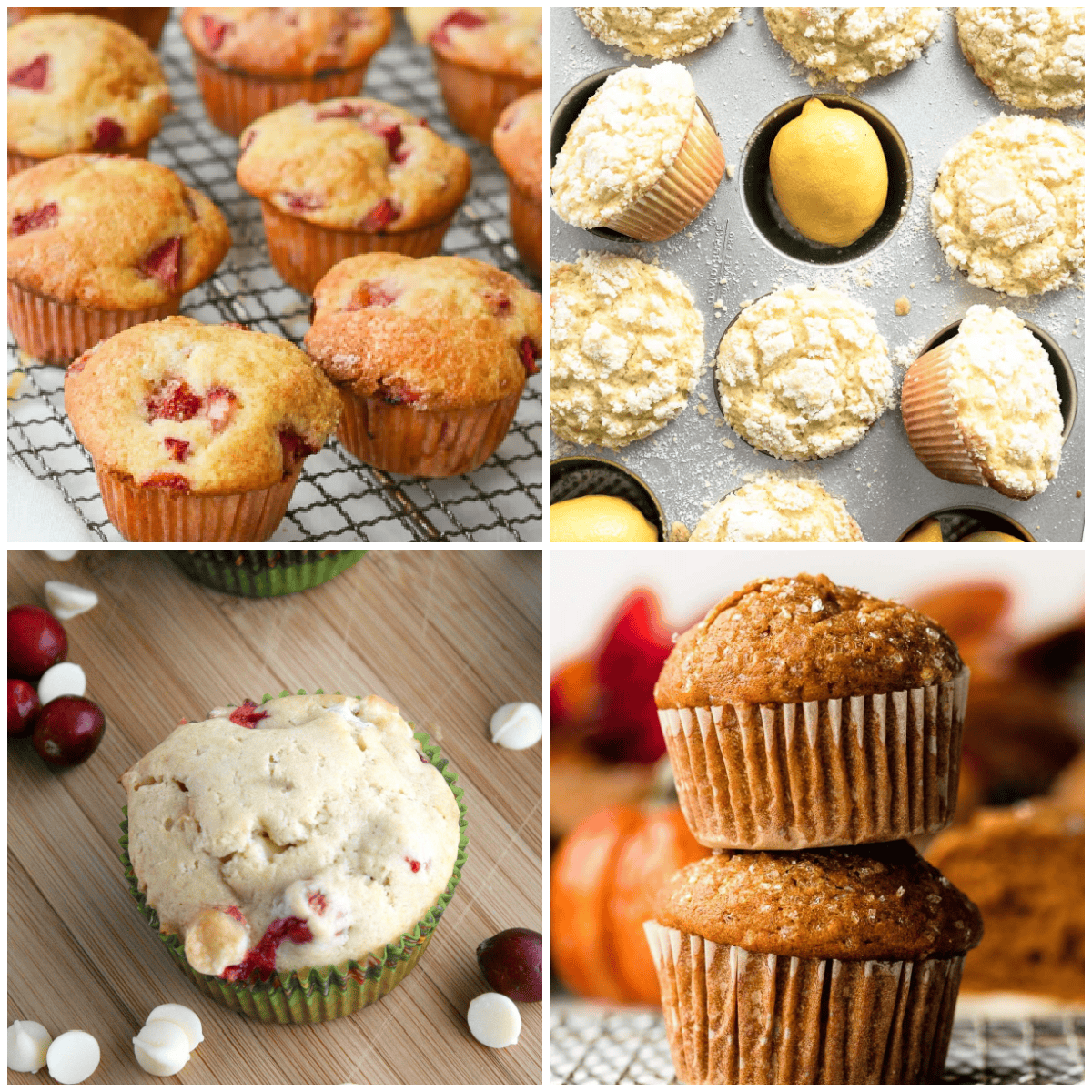 A collage of four images shows various muffins: golden-brown berry muffins on a cooling rack, unbaked muffins in a tin with crumb topping, a muffin with cranberries and white chocolate, and a stack of two spiced muffins.
