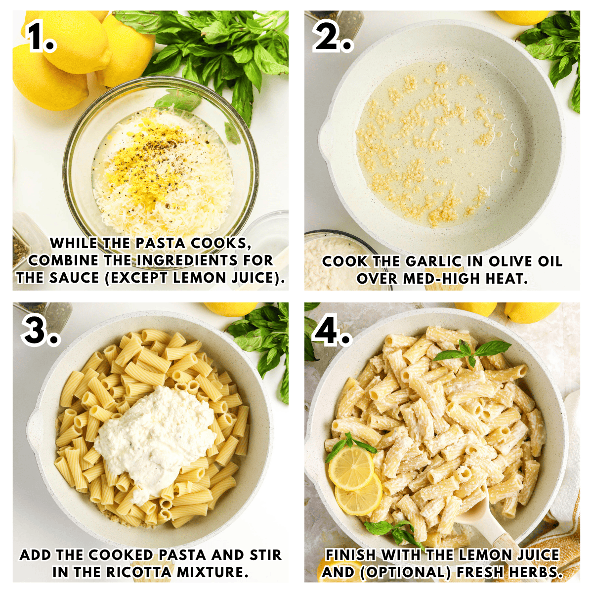 A four-step lemon and ricotta pasta recipe collage with text overlay.