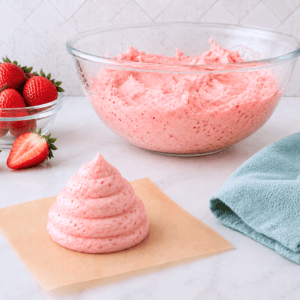 A swirl of pink strawberry frosting sits on parchment paper in the foreground. Behind it is a large glass bowl filled with more frosting, fresh strawberries, a blue towel, and a white tiled wall.
