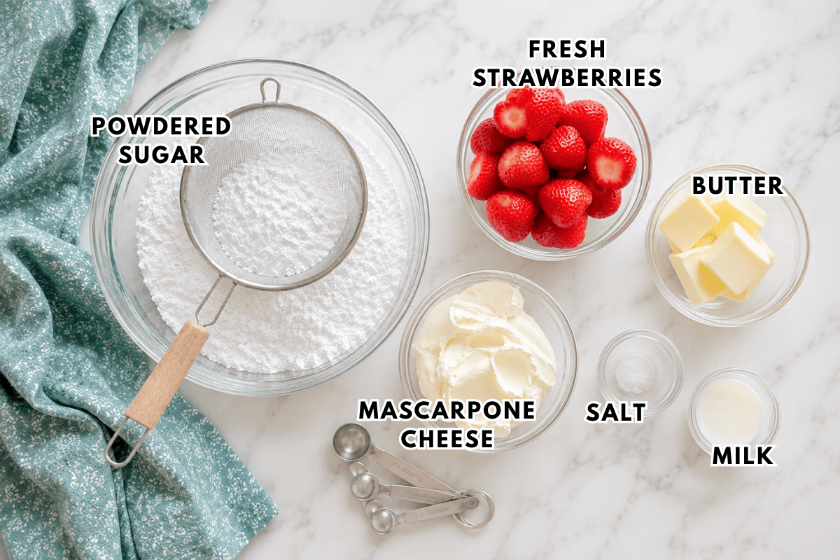 Top-down view of baking ingredients on a marble surface: powdered sugar in a bowl with a sifter, fresh strawberries, mascarpone cheese, butter cubes, salt, and milk, with a teal cloth and measuring spoons nearby. Labels identify each item.