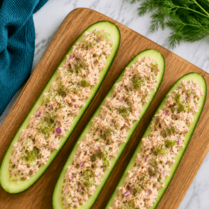 Tuna Cucumber Boats: Three halved cucumbers filled with a tuna salad mixture, garnished with fresh dill, are arranged on a wooden board. A blue cloth and dill sprigs are visible in the background.