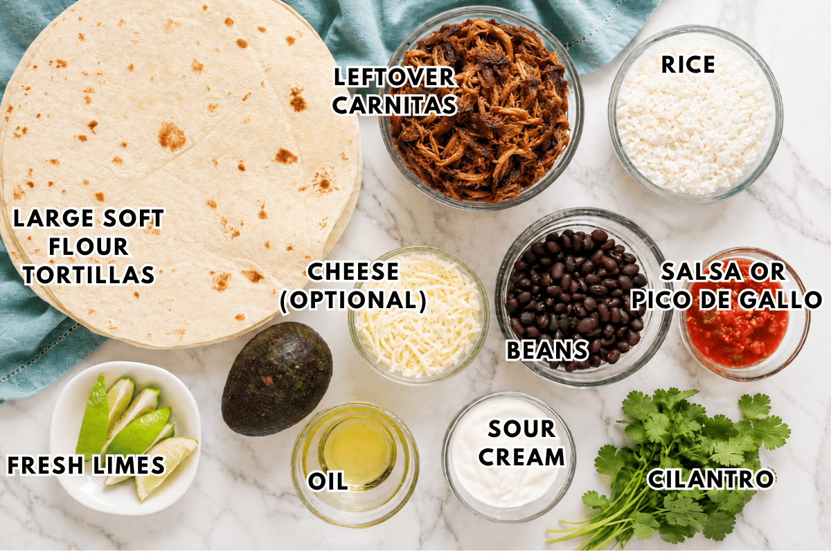 Ingredients for burritos are arranged on a counter: tortillas, carnitas, rice, beans, cheese, salsa, oil, sour cream, fresh limes, an avocado, and cilantro, each labeled with bold text.