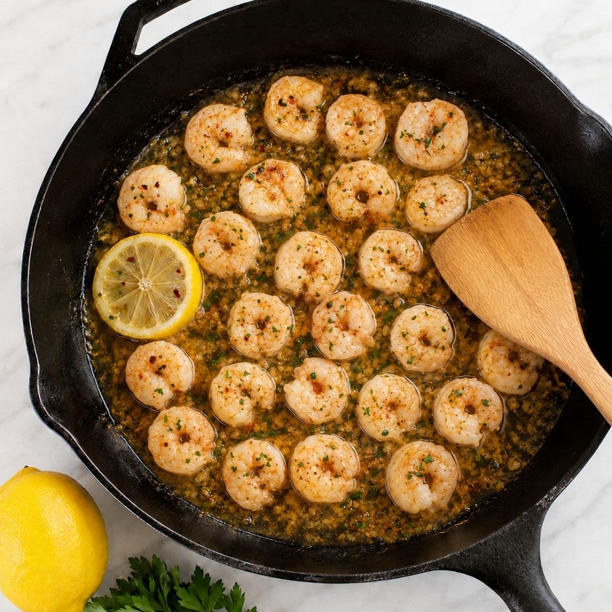 Shrimp cooked in a skillet with garlic butter sauce, topped with herbs and red pepper flakes, garnished with a slice of lemon. A wooden spatula, half a lemon, and parsley are beside the skillet on a marble surface.