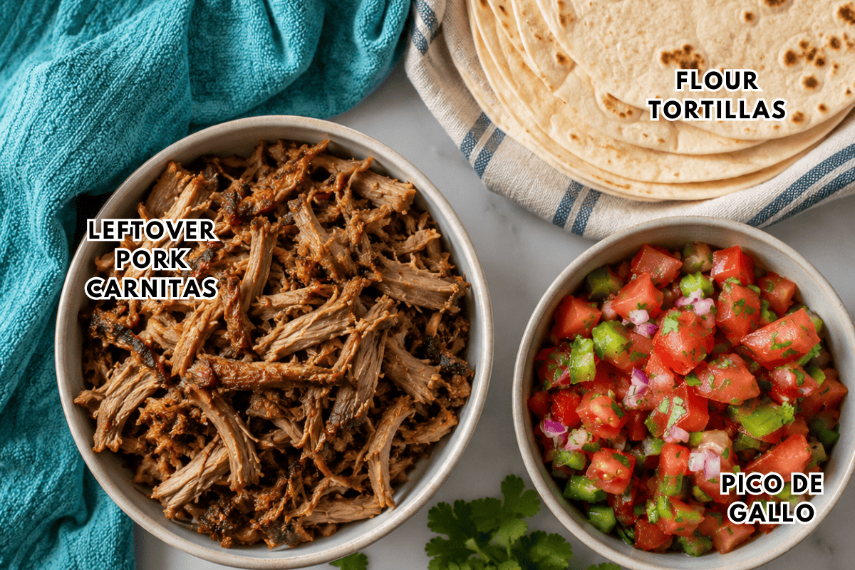 A bowl of shredded pork carnitas, a bowl of pico de gallo, and a stack of flour tortillas on a striped kitchen towel, all labeled with text.
